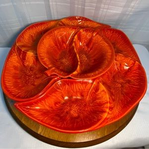 VTG Art Pottery Cal Orig 725 With Wood Lazy Susan Serving Set Orange MCM Retro